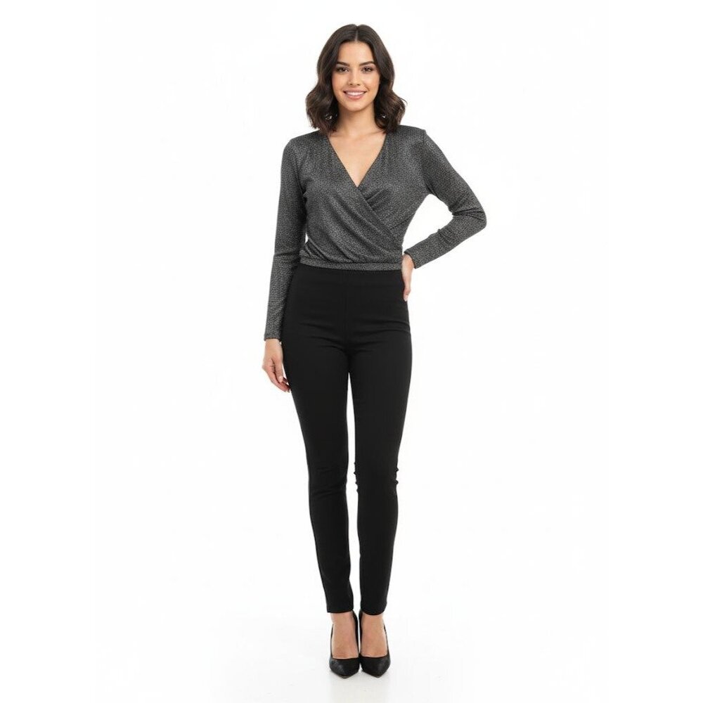 Everleigh Pullover Blouse Faux Wrap Medium Black Heather  Solid